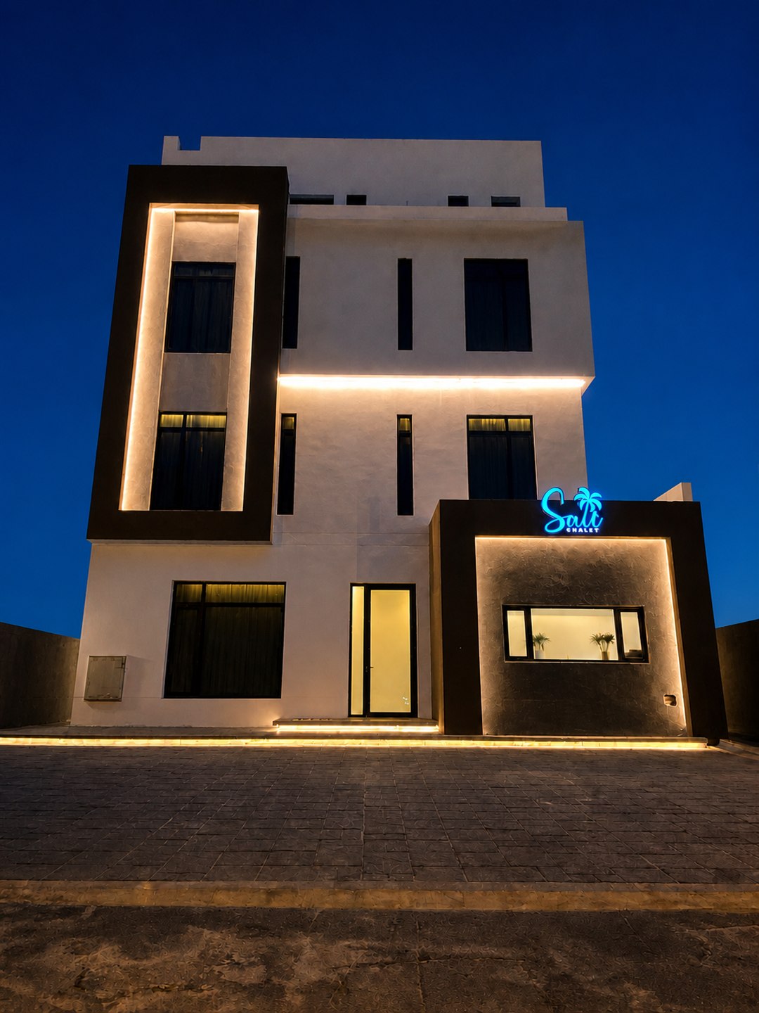 SALT Chalet exterior at blue hour